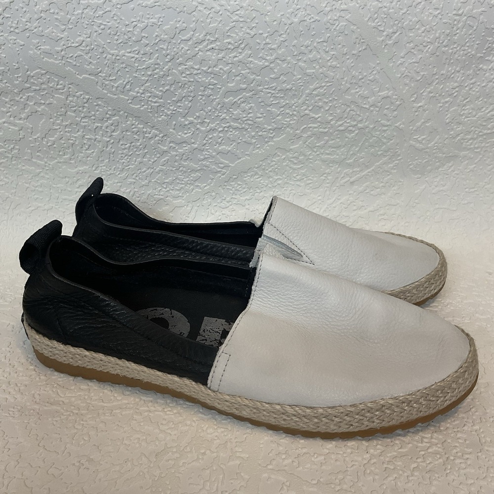 Sorel Ella Slip On Leather Flats Black White Colorblock‎ Loafers Womens 8,5